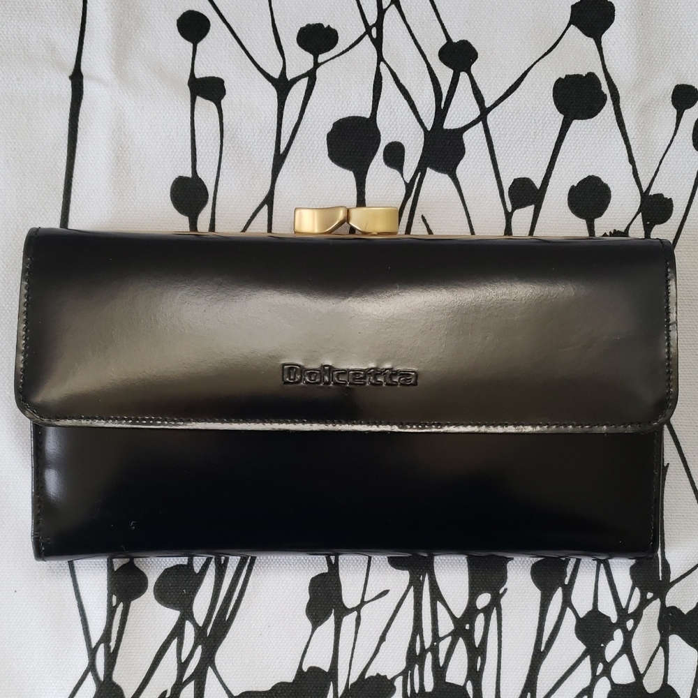 Dolcetta Black Patent Clutch Wallet with Gold Bow Lock